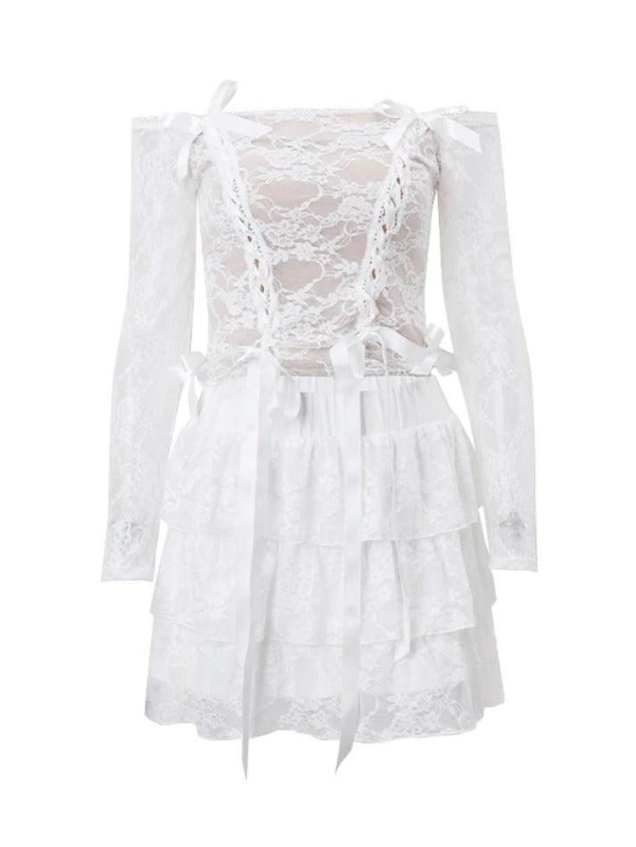 Levoire | Haut À Manches Longues Décolleté Épaules Nues Avec Volants Et Jupe À Niveaux