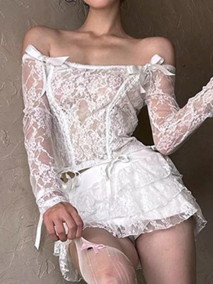 Levoire | Haut À Manches Longues Décolleté Épaules Nues Avec Volants Et Jupe À Niveaux