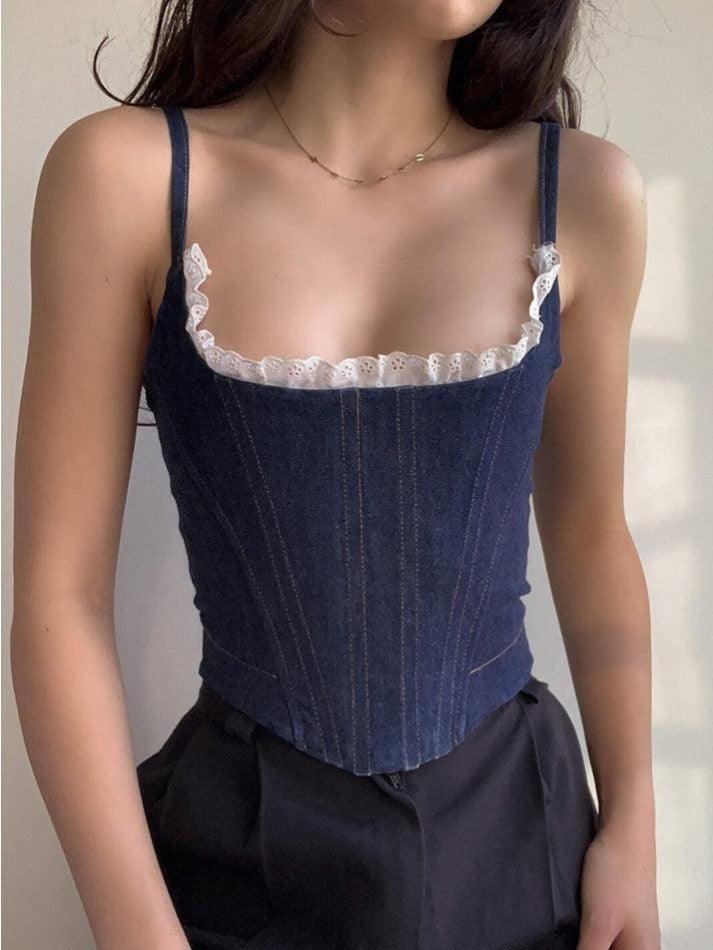 Levoire | Panneau En Dentelle Top En Denim Bleu