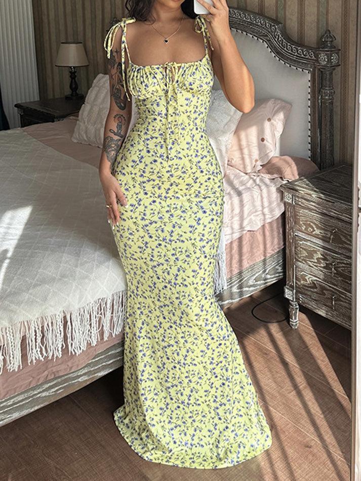 Levoire | Robe Maxi Avec Laçage Et Motif Floral Pour Un Look Romantique Jaune