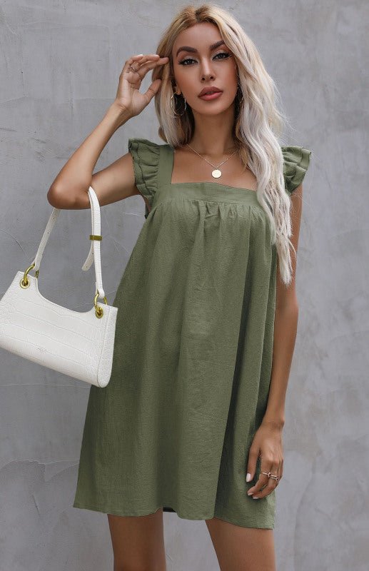 Levoire | Femmes Jupe Courte Ample Chemisier Volant Coton Lin Robe Olive vert