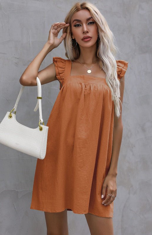 Levoire | Femmes Jupe Courte Ample Chemisier Volant Coton Lin Robe Orange