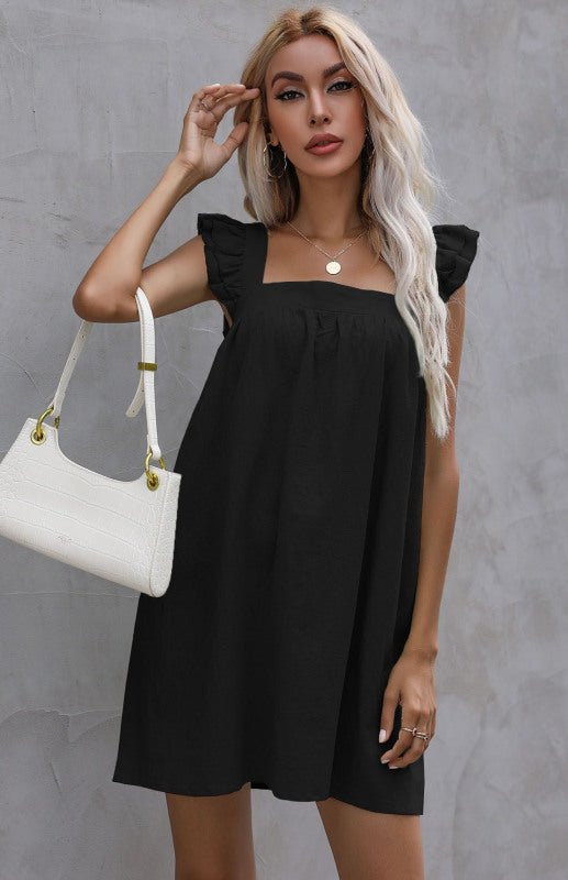 Levoire | Femmes Jupe Courte Ample Chemisier Volant Coton Lin Robe Noir