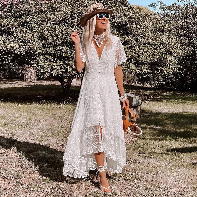 Levoire | Pour Femmes Sexy Profond V Longue Manche Hult Plage Robe Rohvit crème blanc