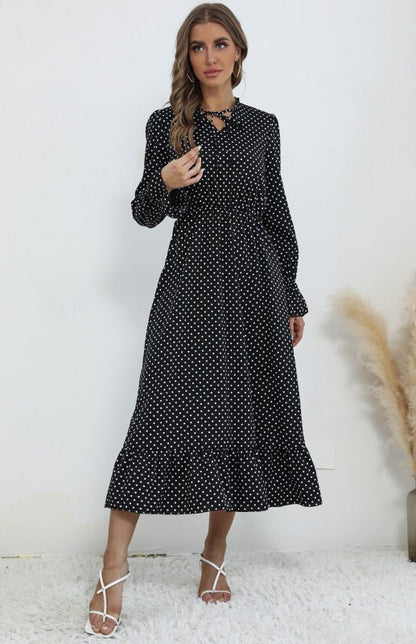 Levoire | Robe à pois à col en V à manches longues pour femme Noir