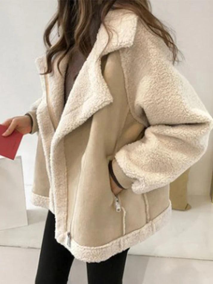 Levoire | Veste En Daim En Laine De Mouton Patch Décontractée Beige