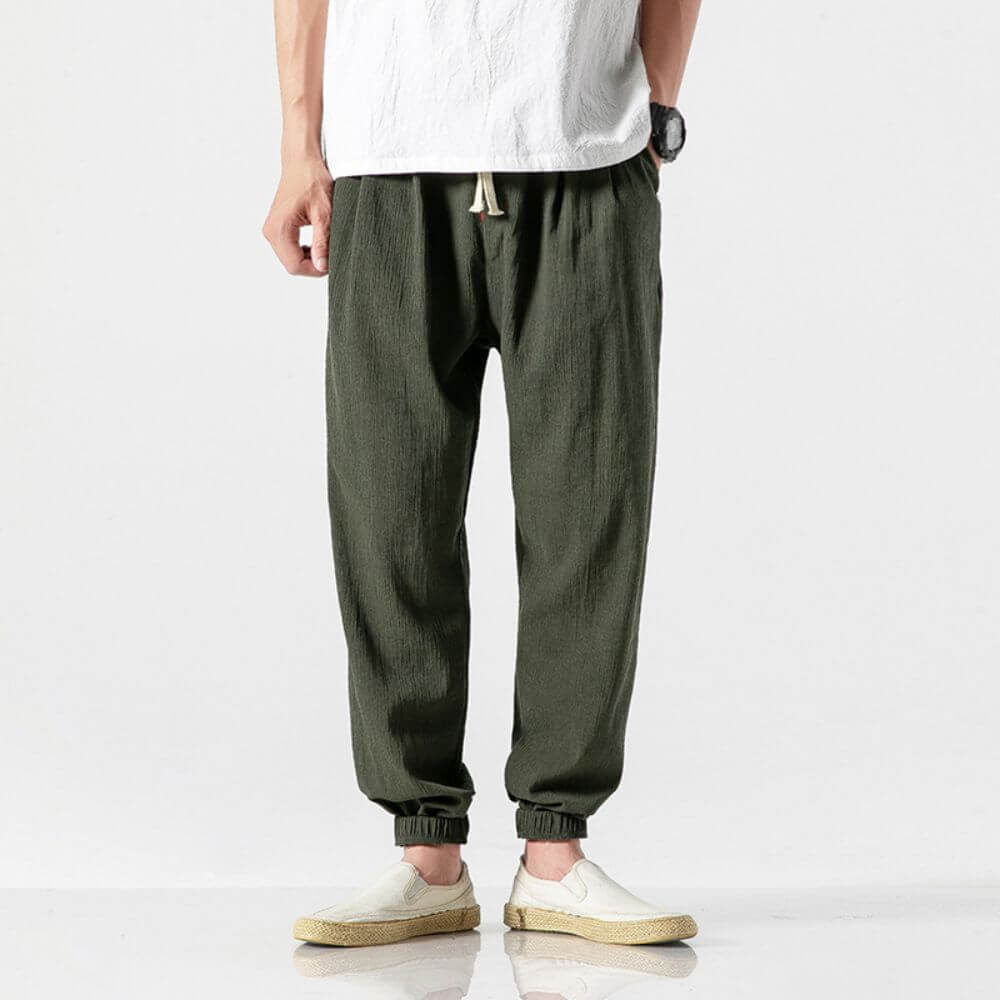Levoire | Pantalon Pour Homme Léger En Coton Et Lin Doux, Respirant Et Élégant Vert