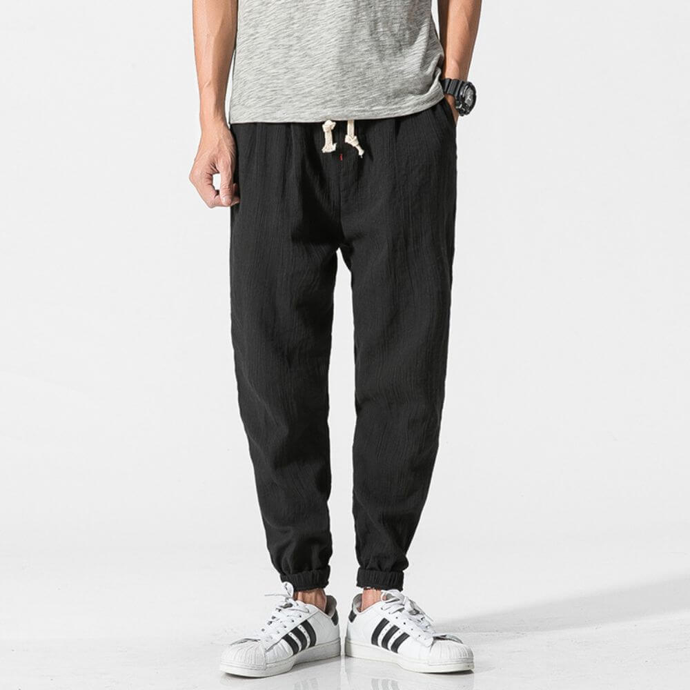 Levoire | Pantalon Pour Homme Léger En Coton Et Lin Doux, Respirant Et Élégant Noir