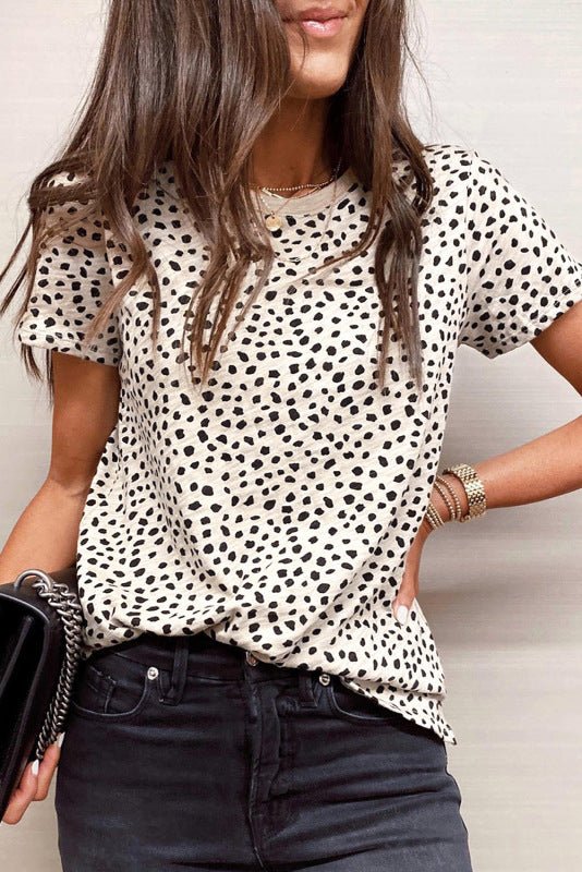 Levoire | Sweater à col rond à manches courtes à pois léopard décontractée et ample pour femmes Khaki