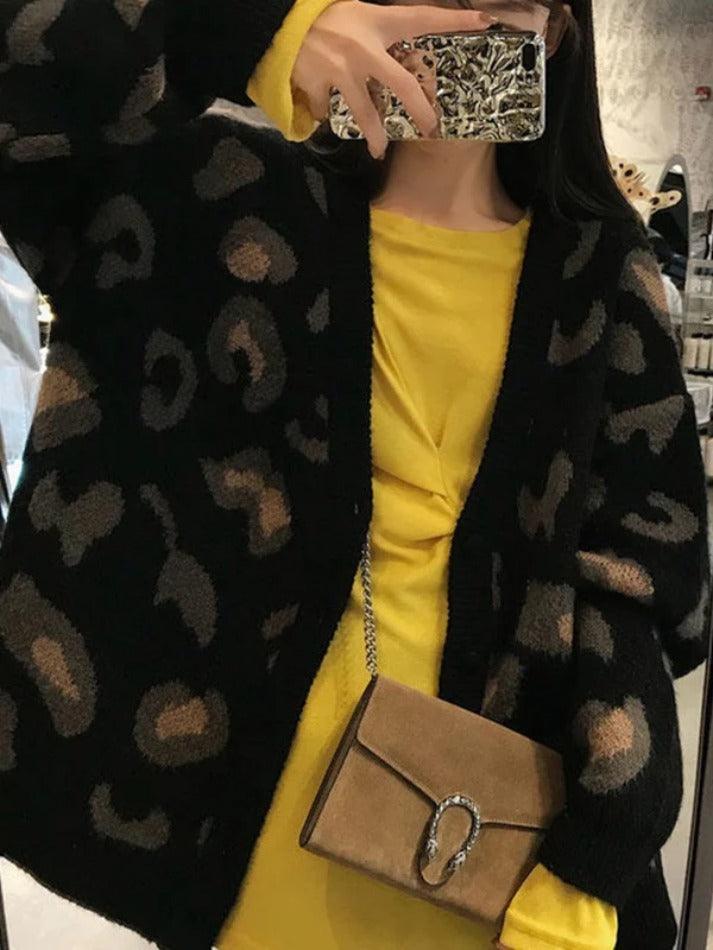 Levoire | Veste En Tricot Décontracté Imprimé Léopard Noir UNE TAILLE