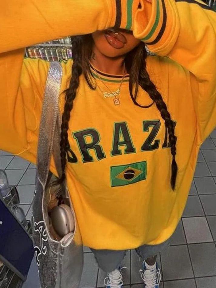 Levoire | Impression Brève Couleur Contrastée Rayée Sweat-Shirt Jaune