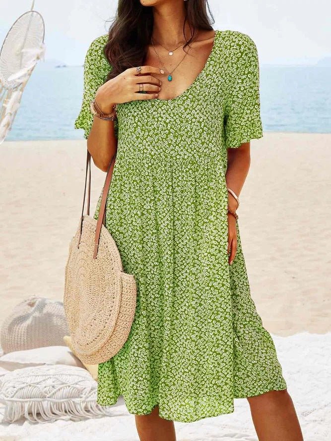 Levoire | Col Rond Saison Décontracté Midi Robe Motif Floral Vert