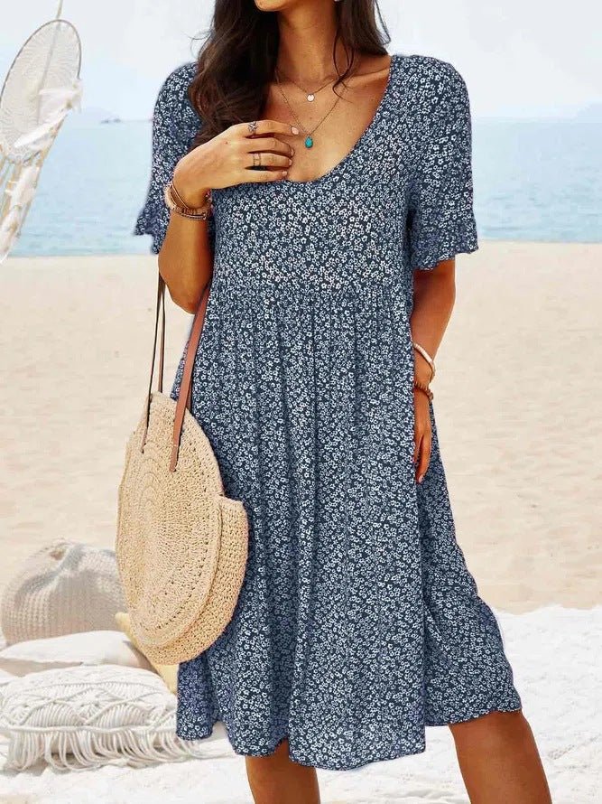 Levoire | Col Rond Saison Décontracté Midi Robe Motif Floral Bleu foncé