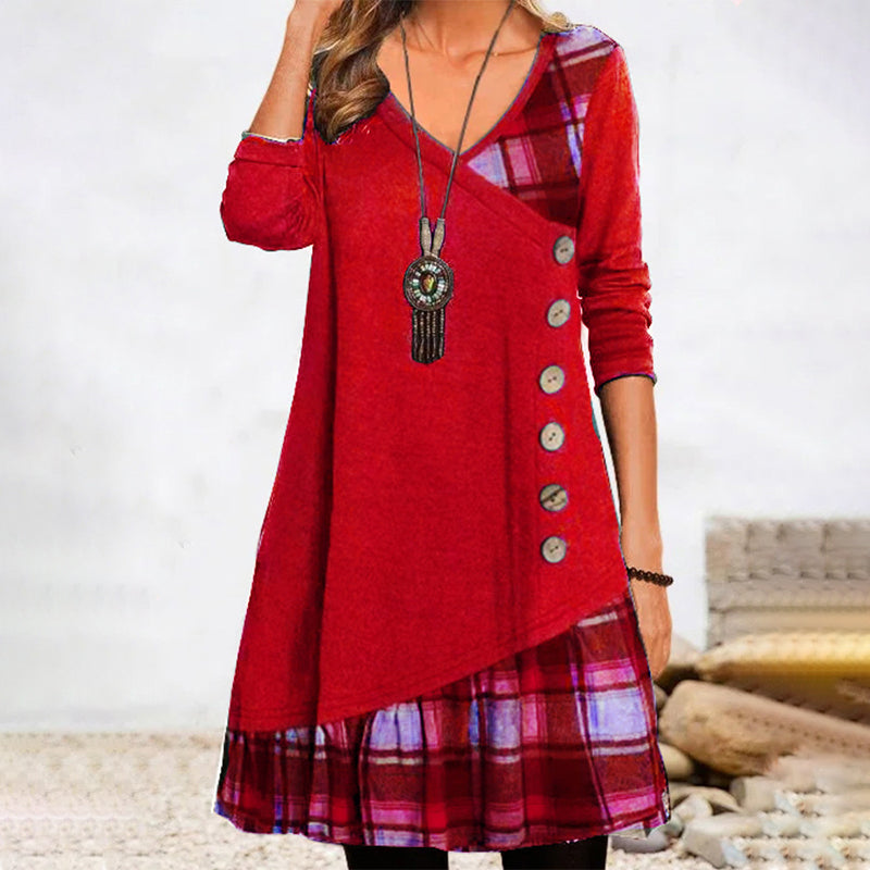 Levoire | Robe À Manches Longues À Carreaux Pour Femmes Classique, Confortable Et Polyvalente Rot