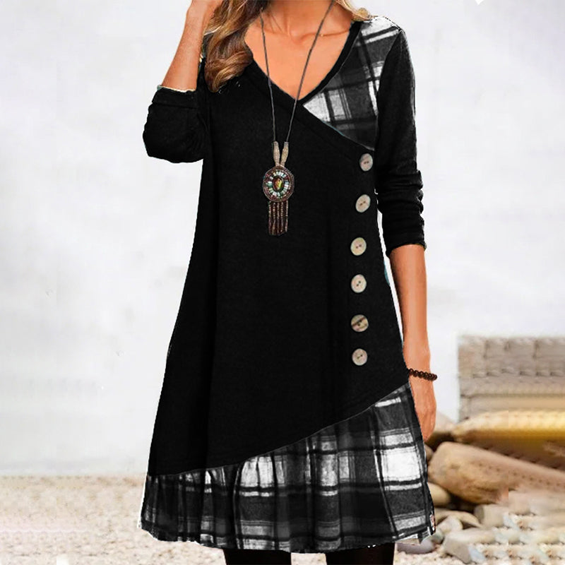 Levoire | Robe À Manches Longues À Carreaux Pour Femmes Classique, Confortable Et Polyvalente Noir