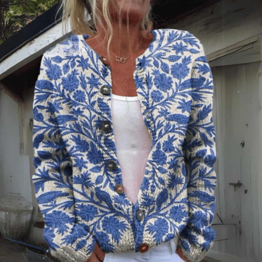 Levoire | Veste en tricot pour femmes avec motif floral unique Veste en tricot confortable Bleu