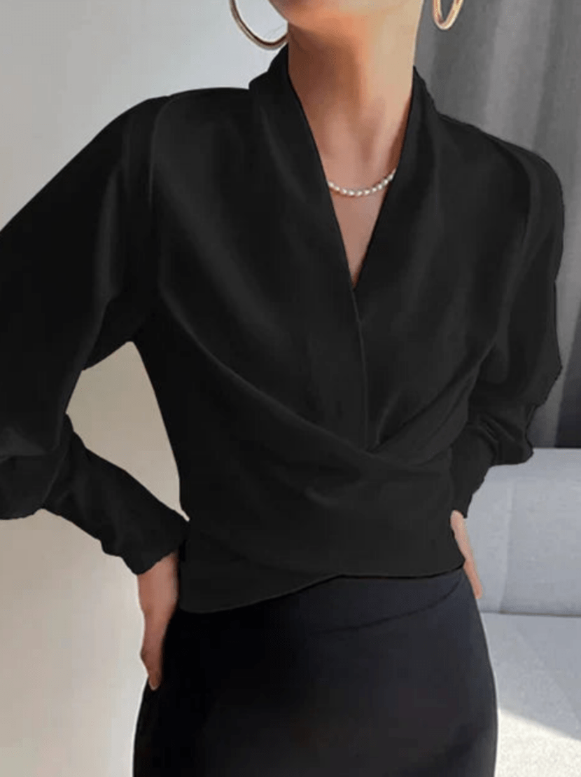 Levoire | Blouse femme à col en V avec manches bouffantes design élégant et décontracté Noir