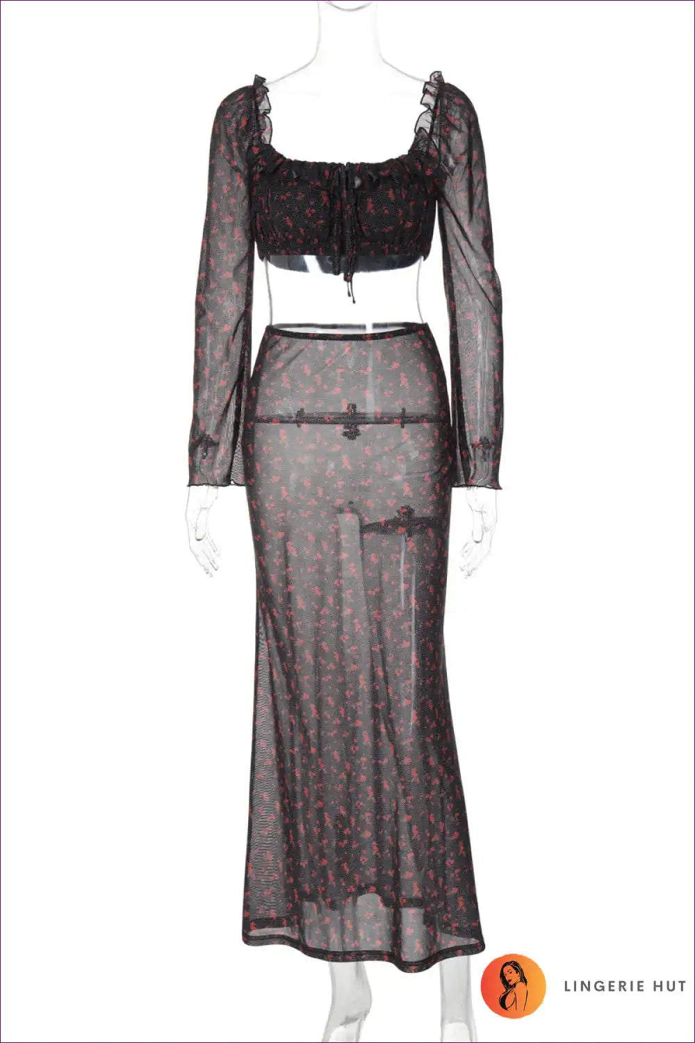 Levoire | Ensemble Floral Élégance Épanouissante - Crop Top & Jupe Maxi Noir