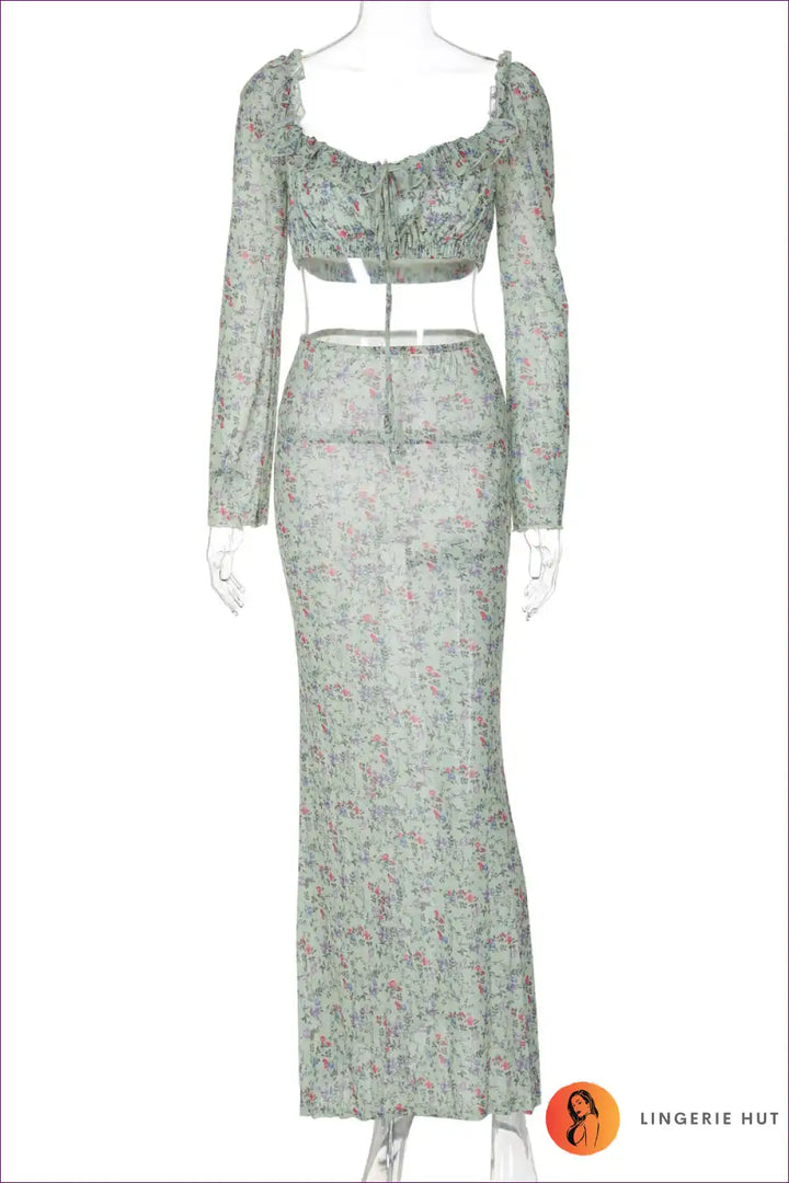 Levoire | Ensemble Floral Élégance Épanouissante - Crop Top & Jupe Maxi Vert