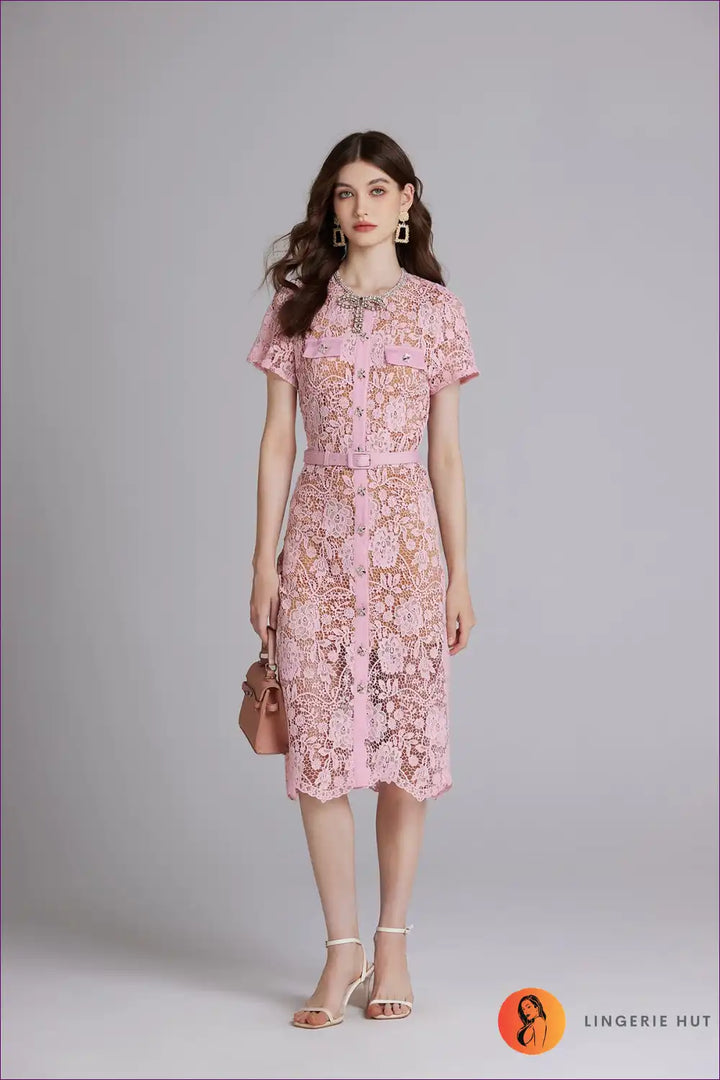 Levoire | Blush Elegance dentelle midi robe - Coupe florale romantique Rosa