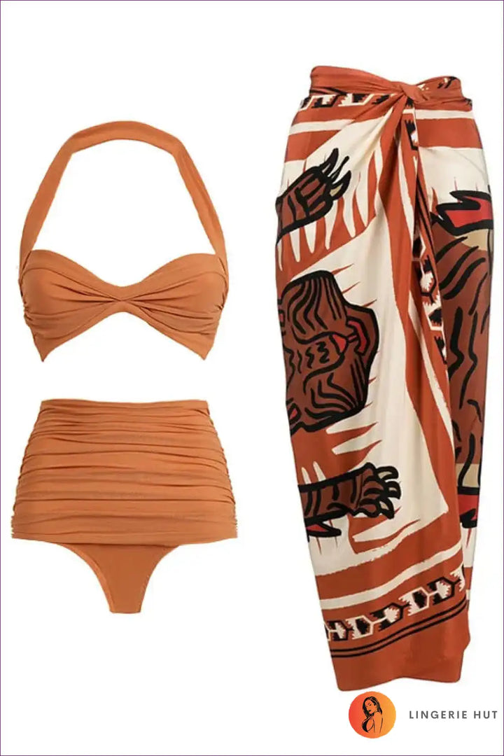 Levoire | Maillot de bain asymétrique taille haute Boho - Glamour de vacances ultime Braun Halter