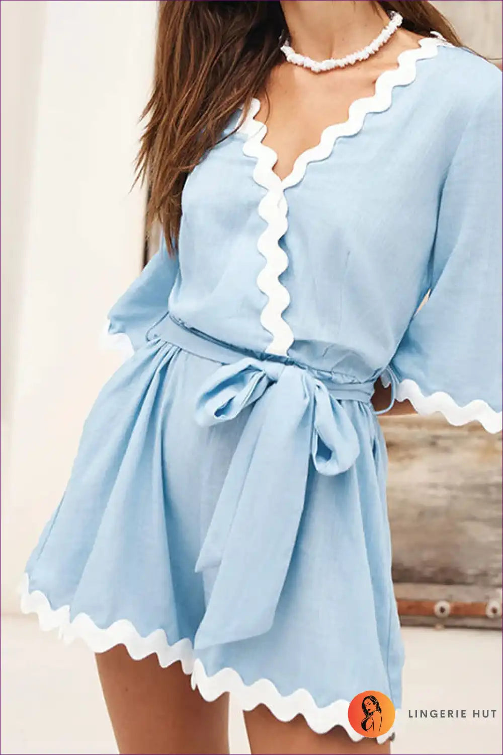 Levoire | Combinaison en coton relaxante à encolure en V avec ceinture - style quotidien sans effort Bleu