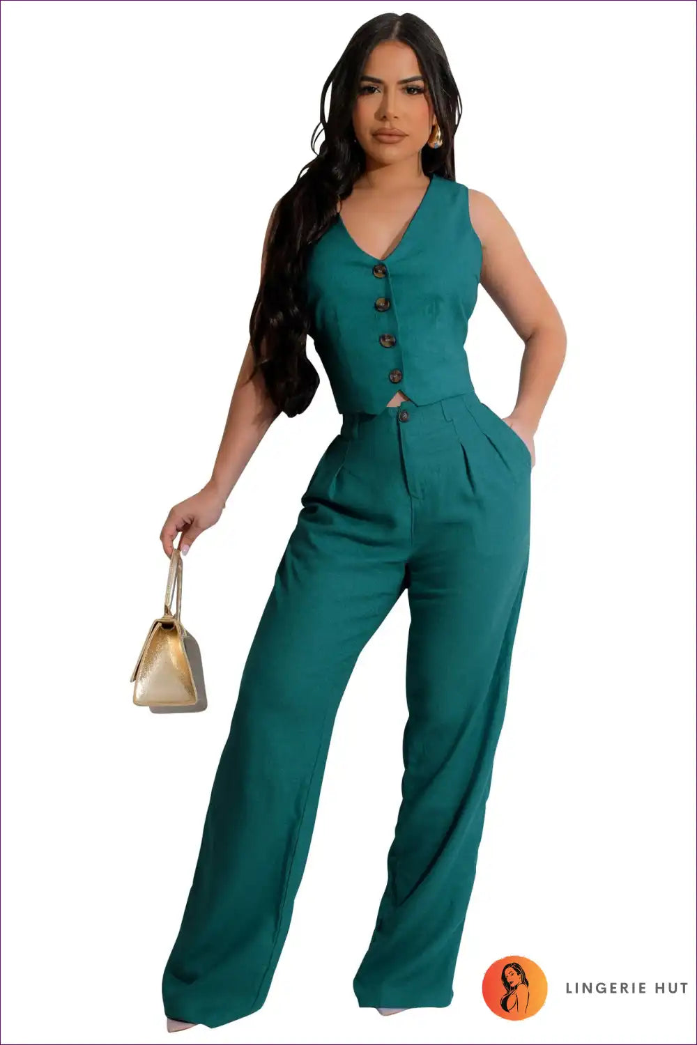 Levoire | Rento V-encolure bouton set - Style d'été sans effort Vert