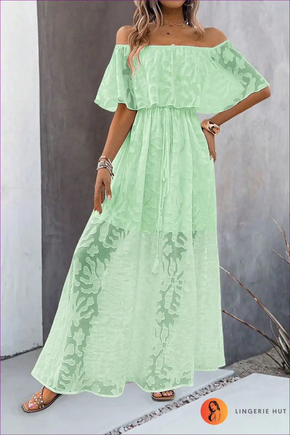 Levoire | Robe Maximekko Off-Shoulder Élegante - Étreindre l'Élégance Vert clair
