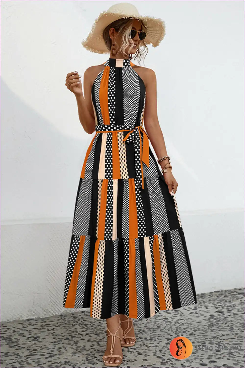Levoire | Robe maxi à pois élégante avec ceinture - Éclat quotidien Noir