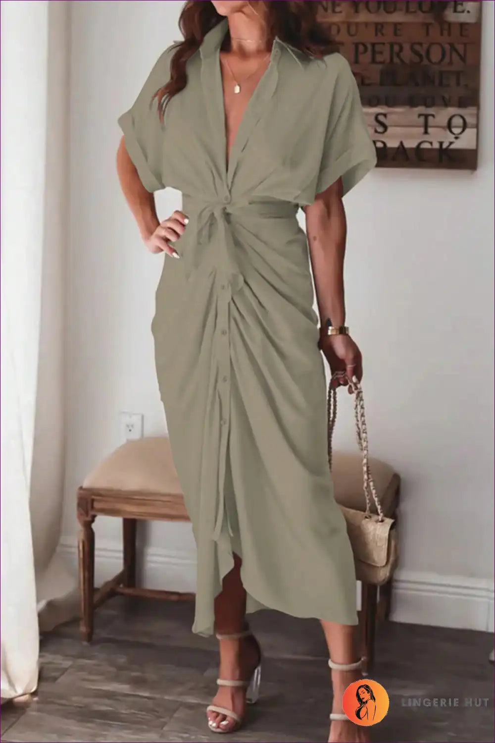 Levoire | Robe midi drapée blanche élégante - Élégance moderne Khaki