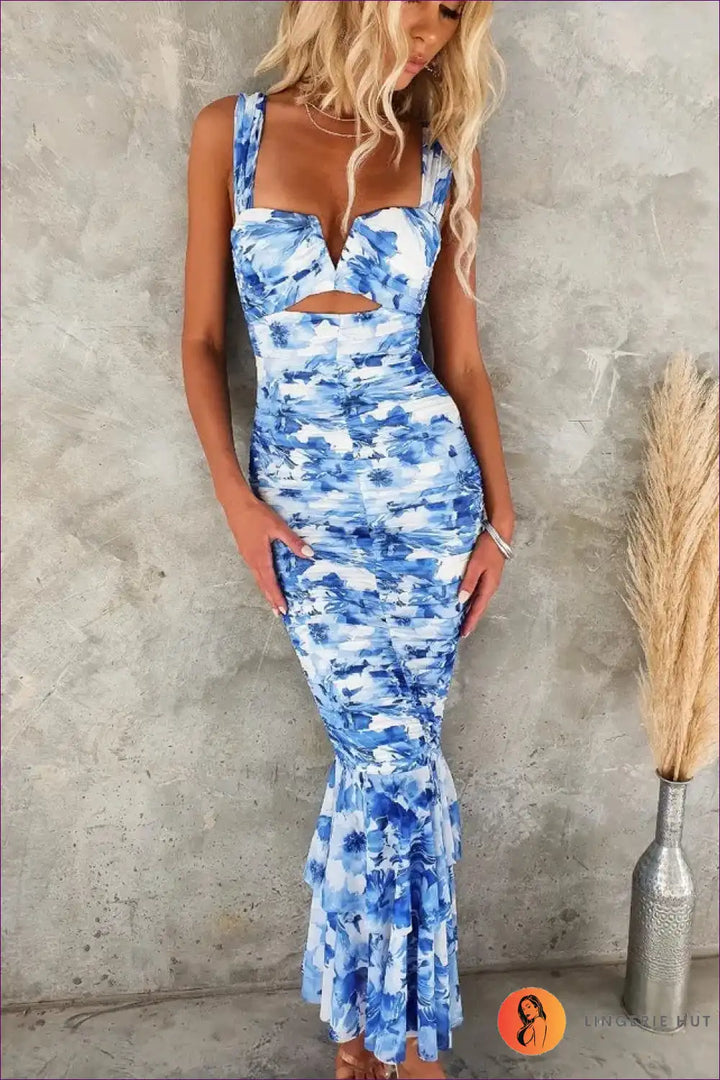 Levoire | Robe bodycon à découpe froncée à motifs - Jardin Glam Bleu