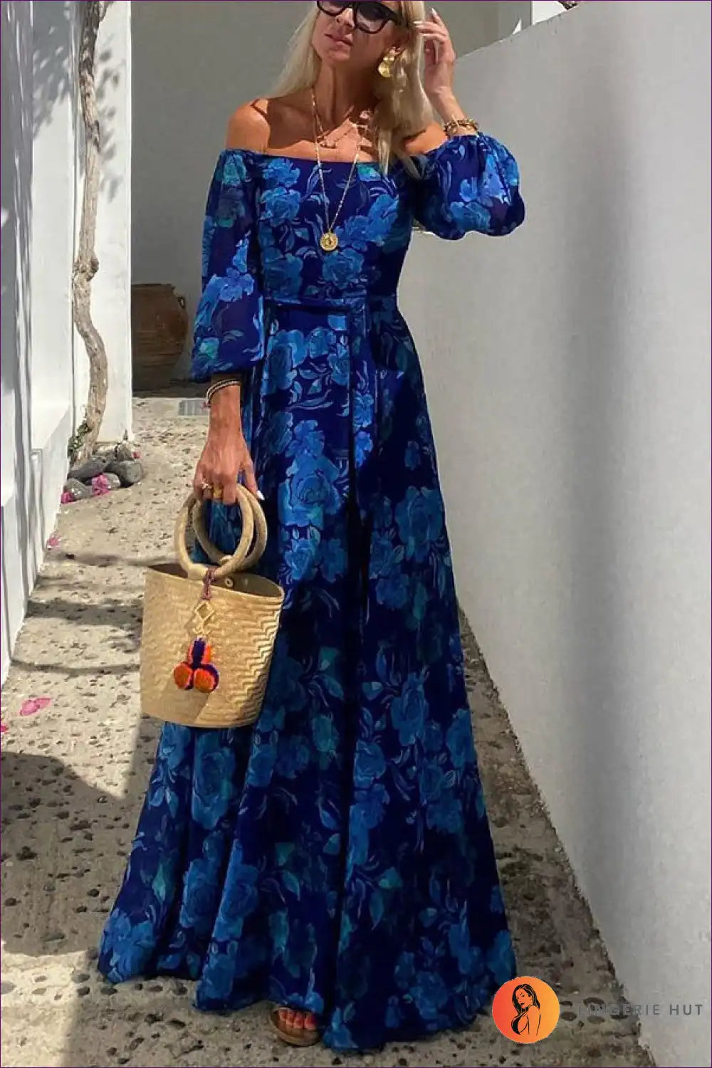Levoire | Robe A-ligne à épaules dénudées à motifs - Boho Élégance Bleu