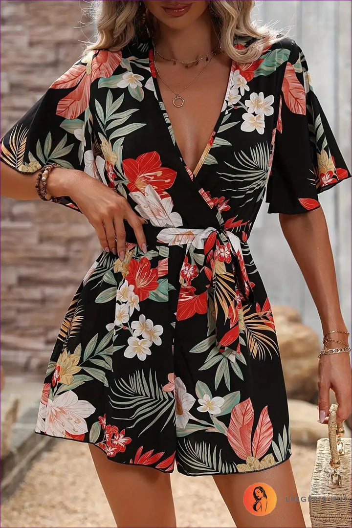 Levoire | Combinaison florale à manches élastiques – Strandtag-Essentiel Noir