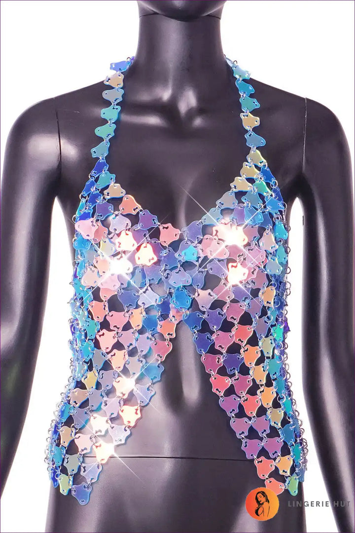 Levoire | Glam Night Halterneck T-shirt - Sexy Été Brillance Une taille Bleu