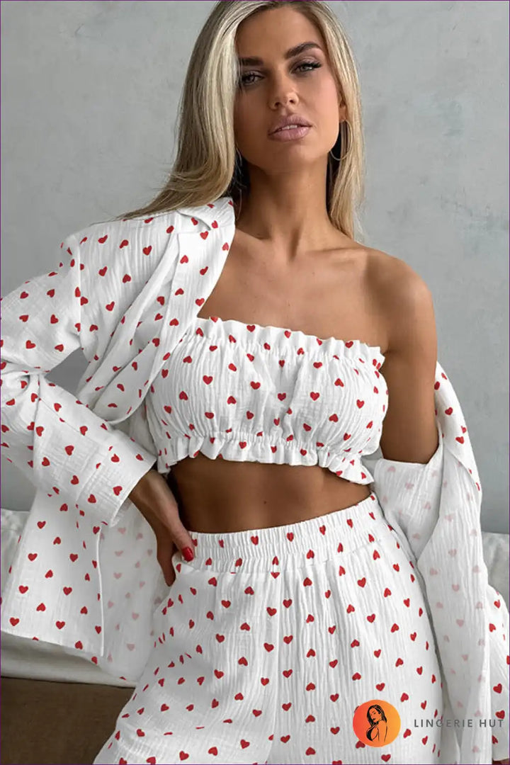 Levoire | Herz Coton Lounge Set – Confortable Ensemble de Pyjama en Trois Pièces Blanc