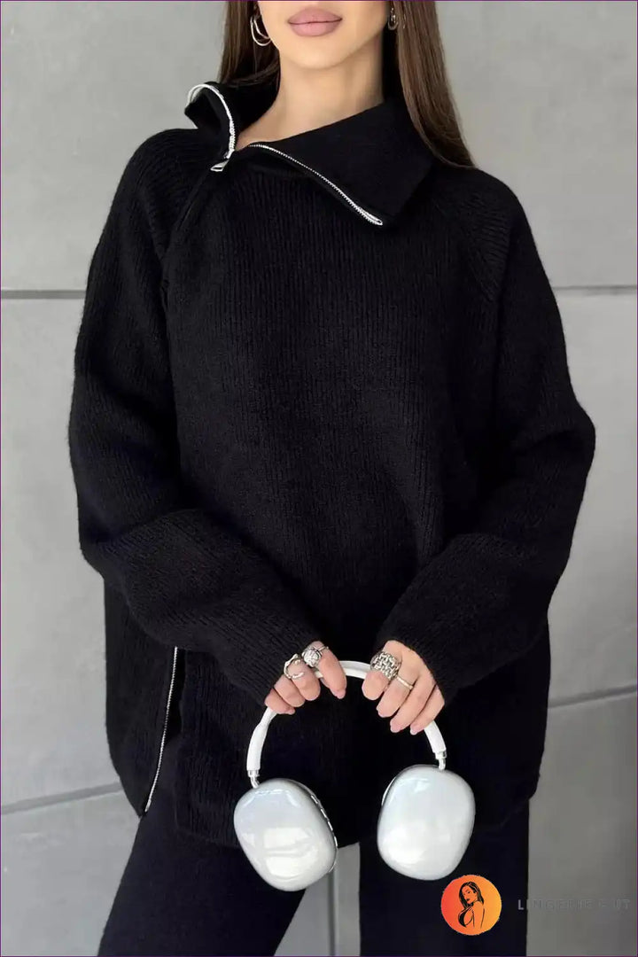 Levoire | Luxe Ripp-Fermeture Pullover - Élégance confortable pour chaque jour Une taille Noir