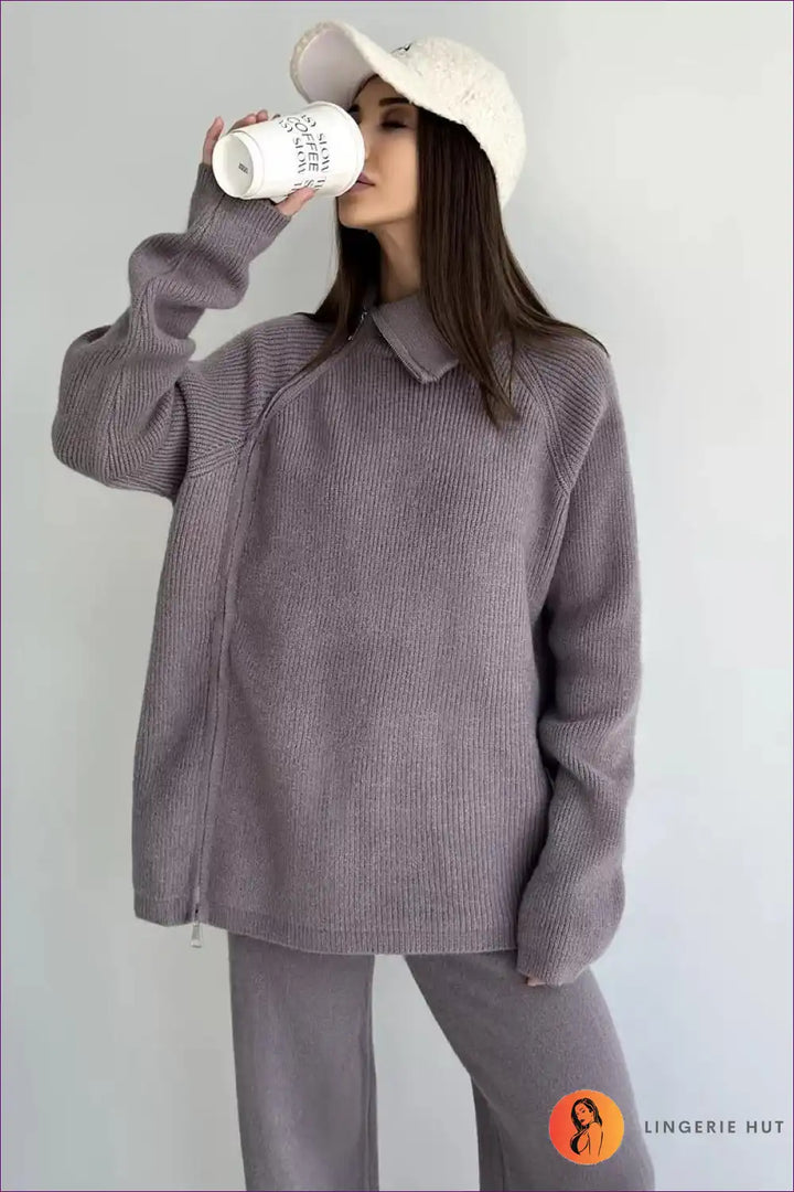 Levoire | Luxe Ripp-Fermeture Pullover - Élégance confortable pour chaque jour Une taille Khaki-1