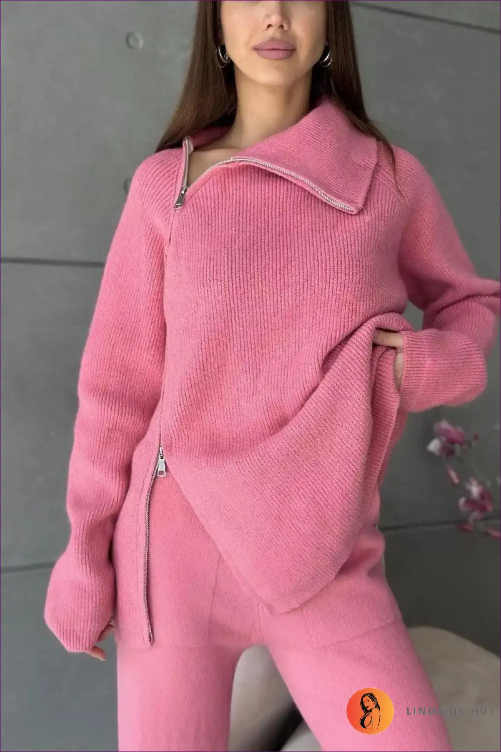 Levoire | Luxe Ripp-Fermeture Pullover - Élégance confortable pour chaque jour Une taille Rosa