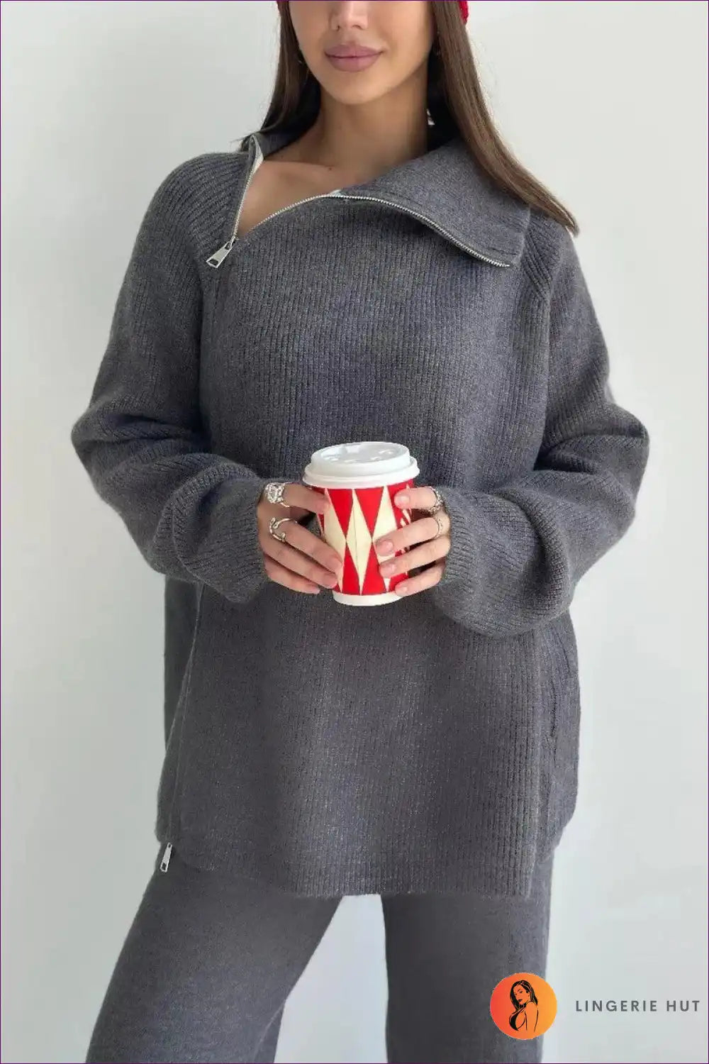 Levoire | Luxe Ripp-Fermeture Pullover - Élégance confortable pour chaque jour Une taille Gris