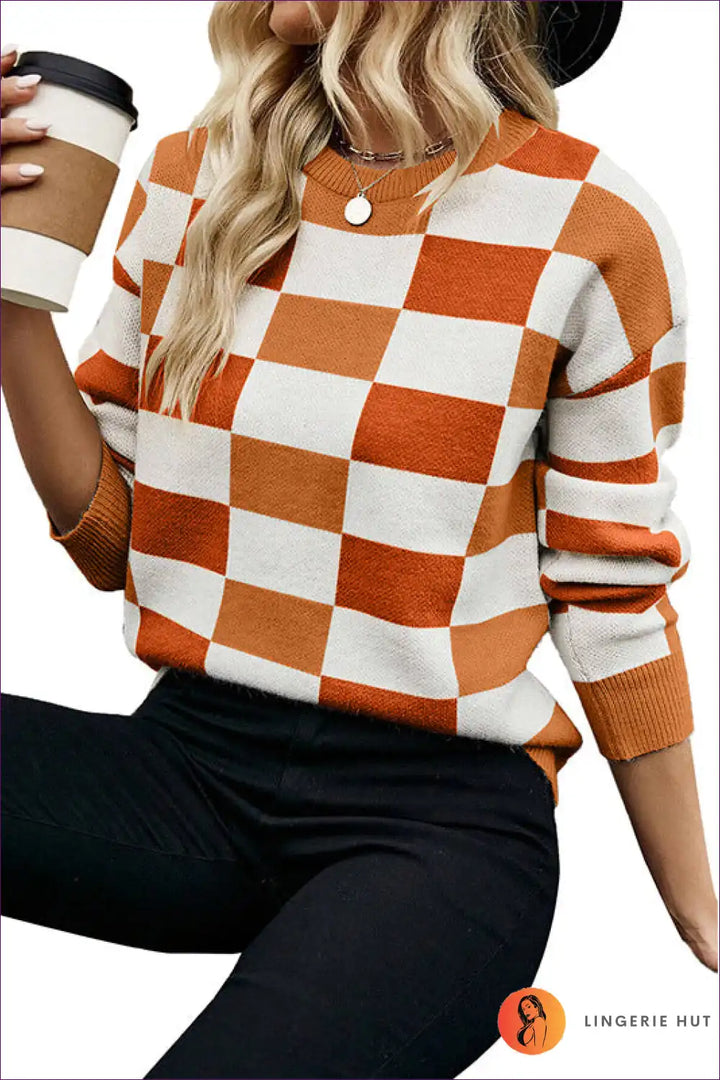 Levoire | Monochrome Pois pointillé Col rond Tricot - Moderne Élégant Orange