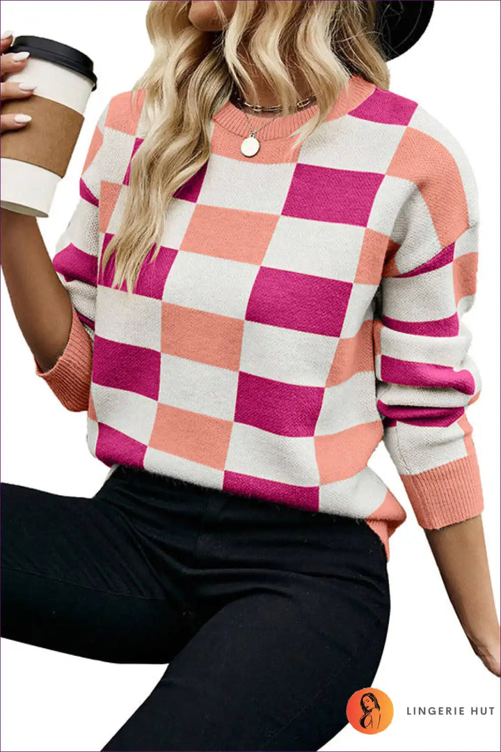 Levoire | Monochrome Pois pointillé Col rond Tricot - Moderne Élégant Rosa
