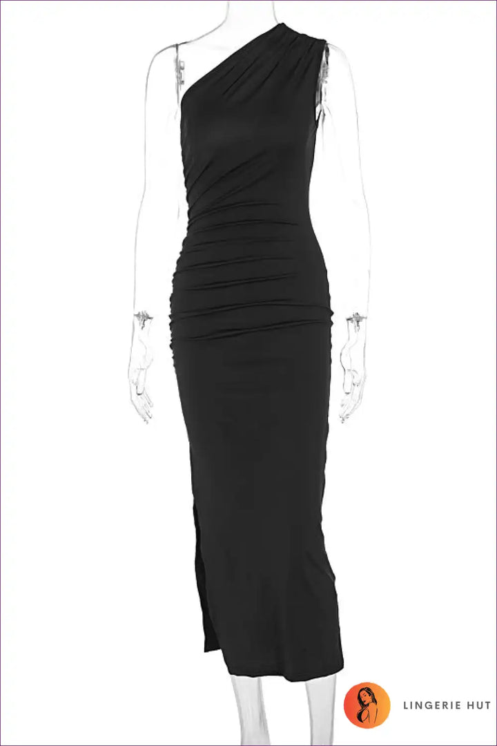 Levoire | Olive Robe Maxi à Roupillon d'Épaule Unique - Élégance Intemporelle Noir