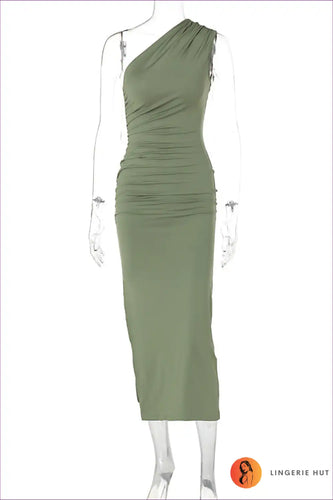 Levoire | Olive Robe Maxi à Roupillon d'Épaule Unique - Élégance Intemporelle