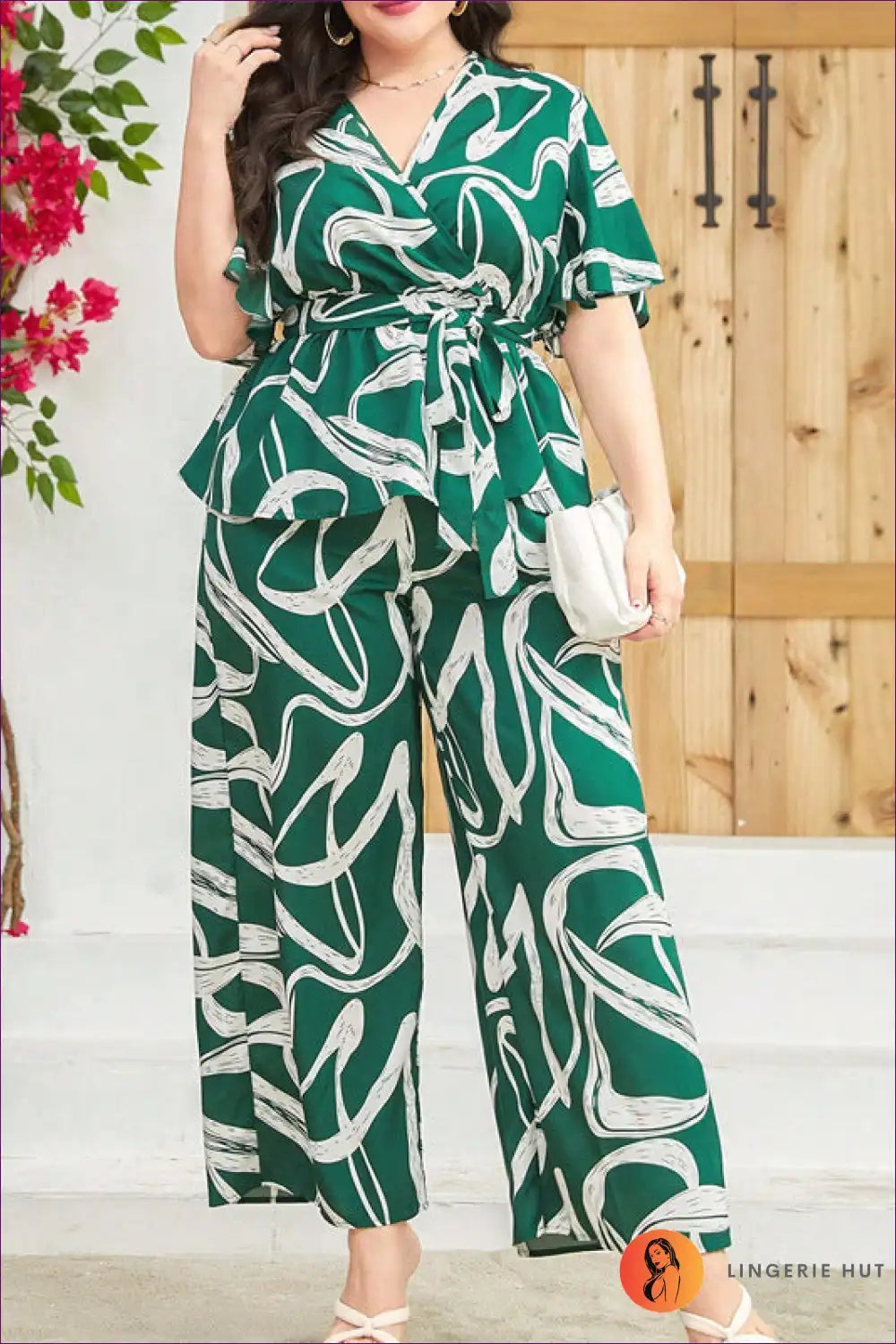 Levoire | Plus Size Vert Abstrait Imprimé Ensemble Deux Pièces Vert
