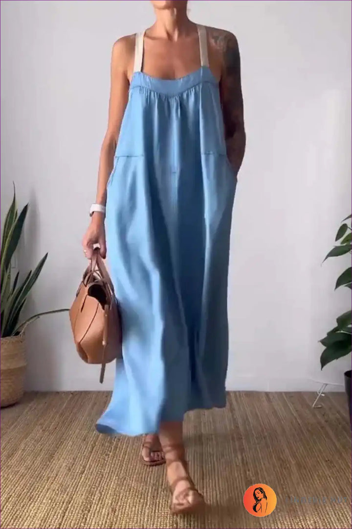 Levoire | Locker Bleu Robe Maxi à Bretelles Larges – Confort Sans Effort Bleu