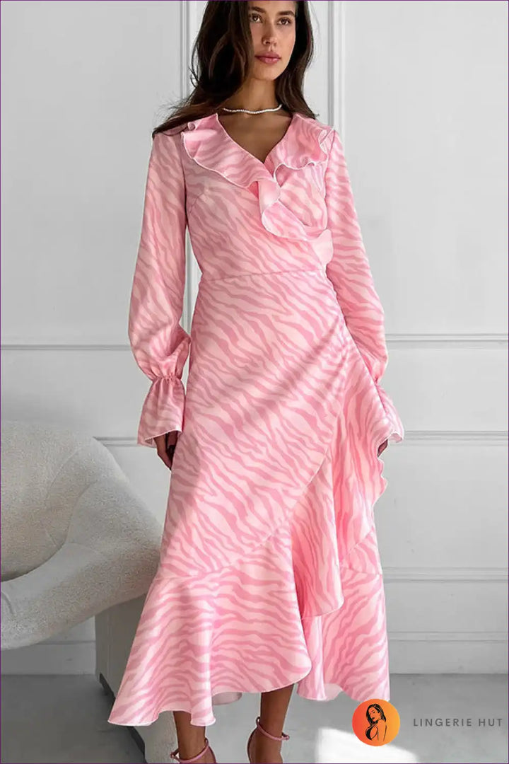Levoire | Robe midi zèbre romantique froncée - Rose parfait pour chaque occasion Moni