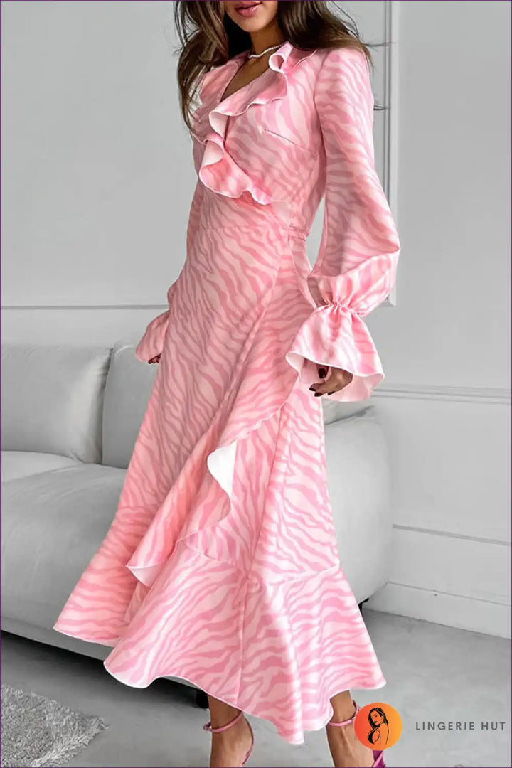 Levoire | Robe midi zèbre romantique froncée - Rose parfait pour chaque occasion