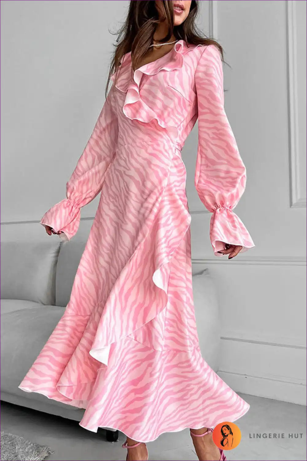 Levoire | Robe midi zèbre romantique froncée - Rose parfait pour chaque occasion