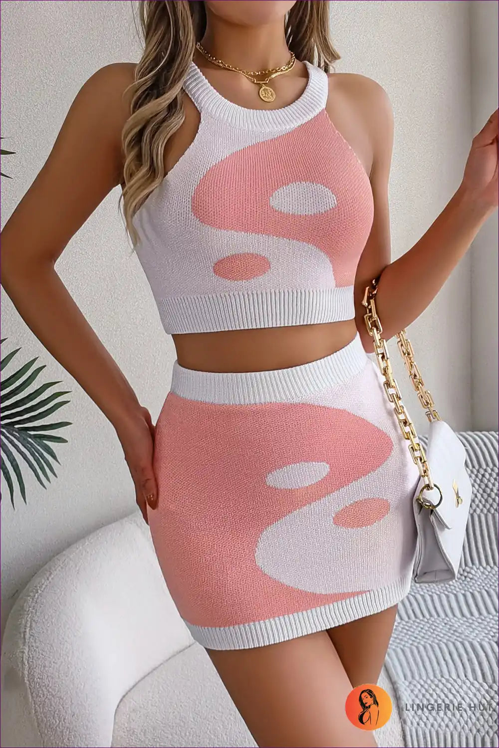 Levoire | Ensemble Jacquard à blocs de couleur sexy - Glamour d'été audacieux Rosa