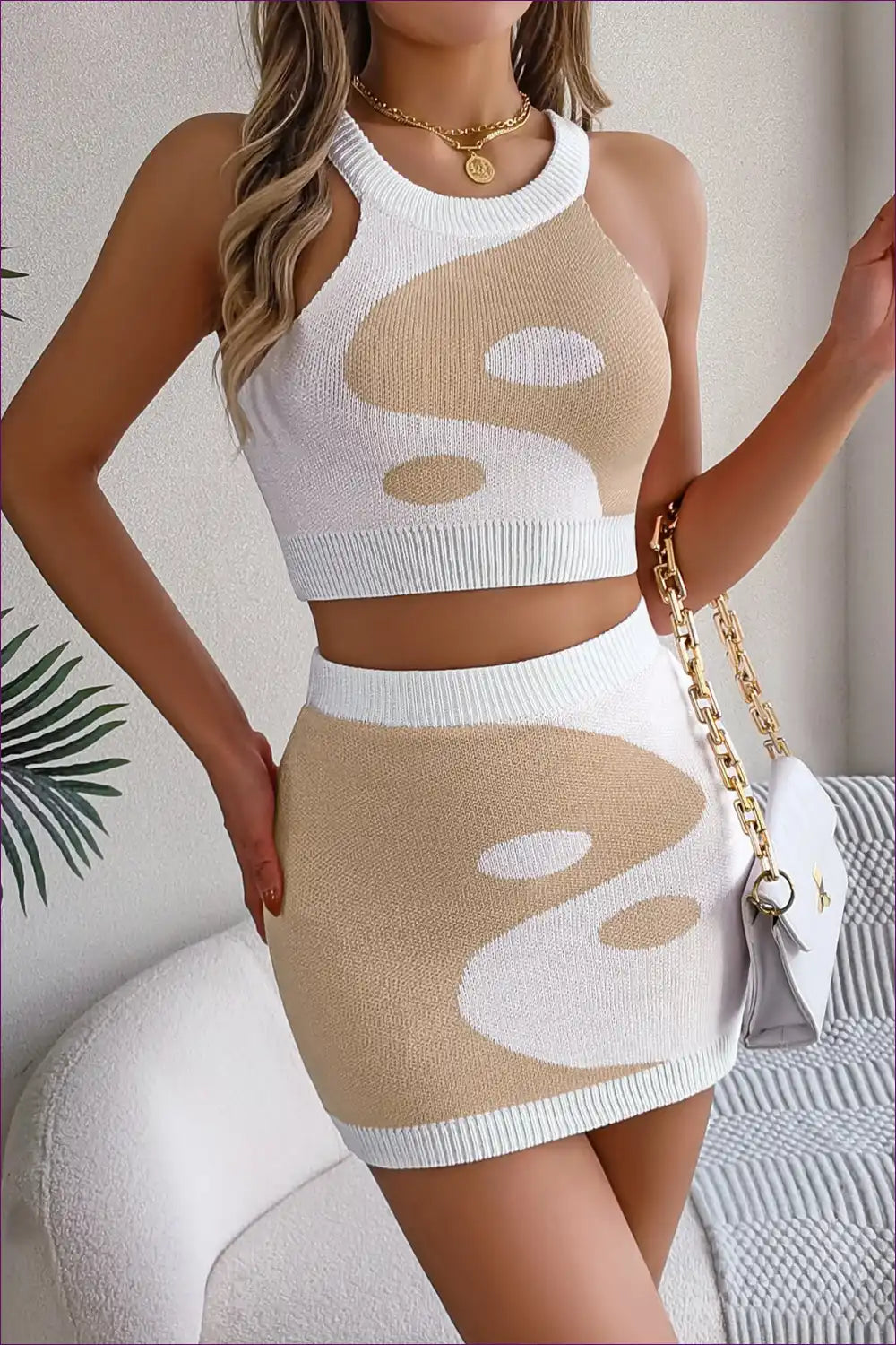 Levoire | Ensemble Jacquard à blocs de couleur sexy - Glamour d'été audacieux Khaki